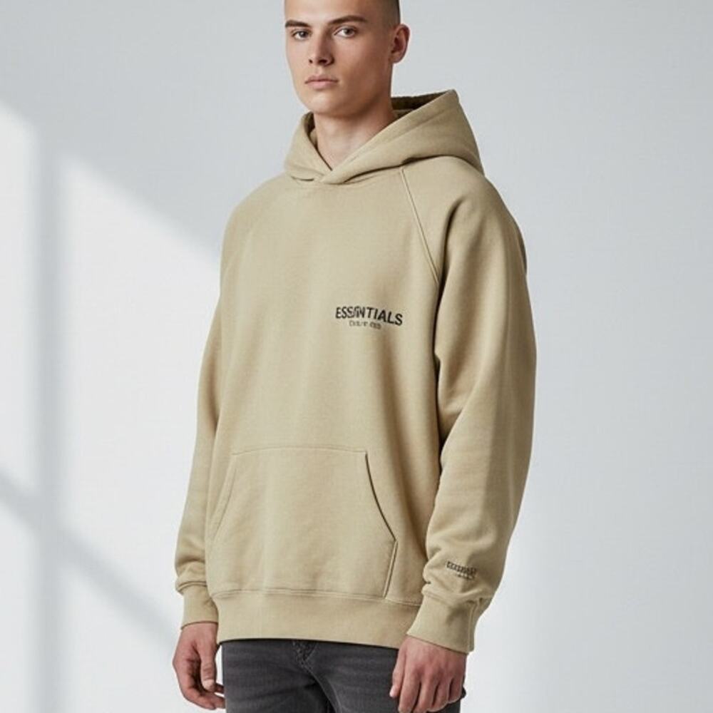 Fear of God Essentials Pullover Hoodie Men's Sz S Beige Logo Fleece Lined